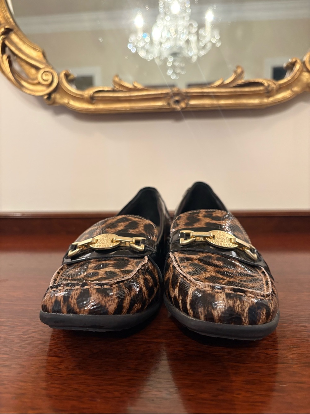 Women’s Fall Anne Klein leopard print loafers with gold buckle detail, Size 7